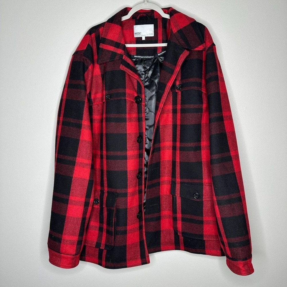 WeSC Mens Red Black Buffalo Plaid Wool Blend Quilted Chore Coat Jacket XXL